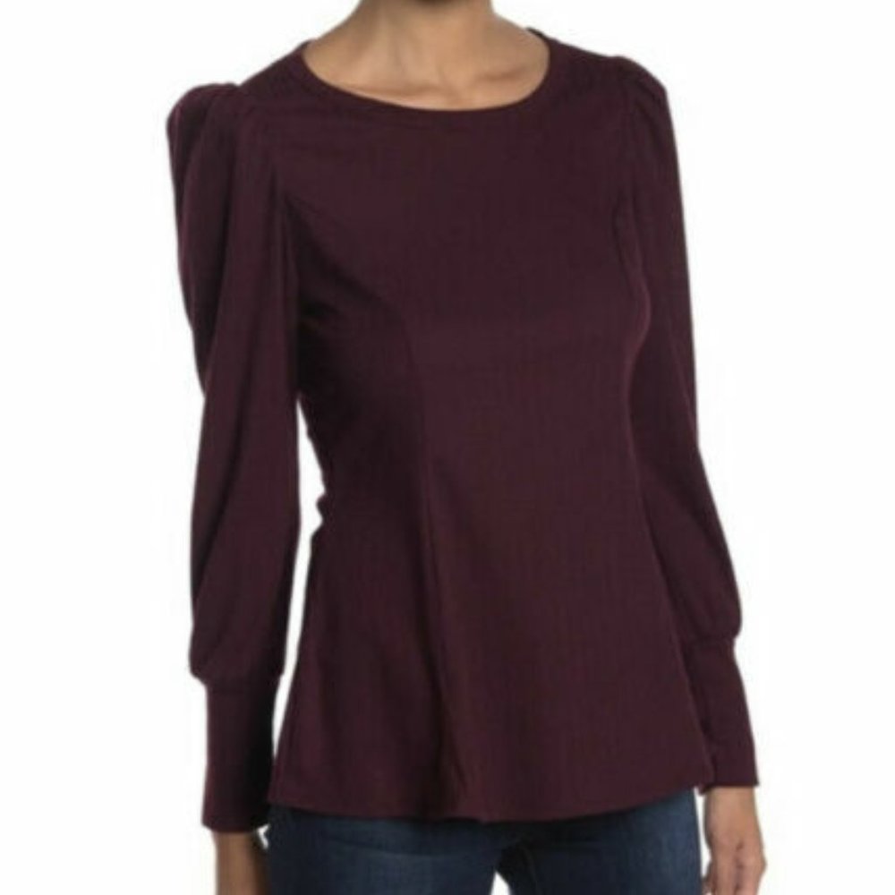 Status by Chenault Burgundy Puff Shoulder Textured Knit Top Womens XS NEW $78